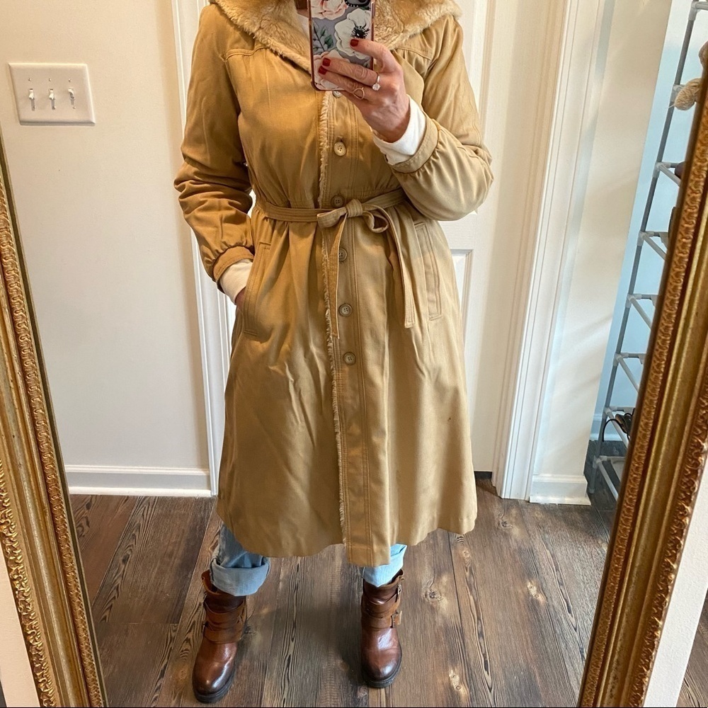 Vintage tan faux fur trim button up cinched waist Hooded coat Cotton - Picture 6 of 8